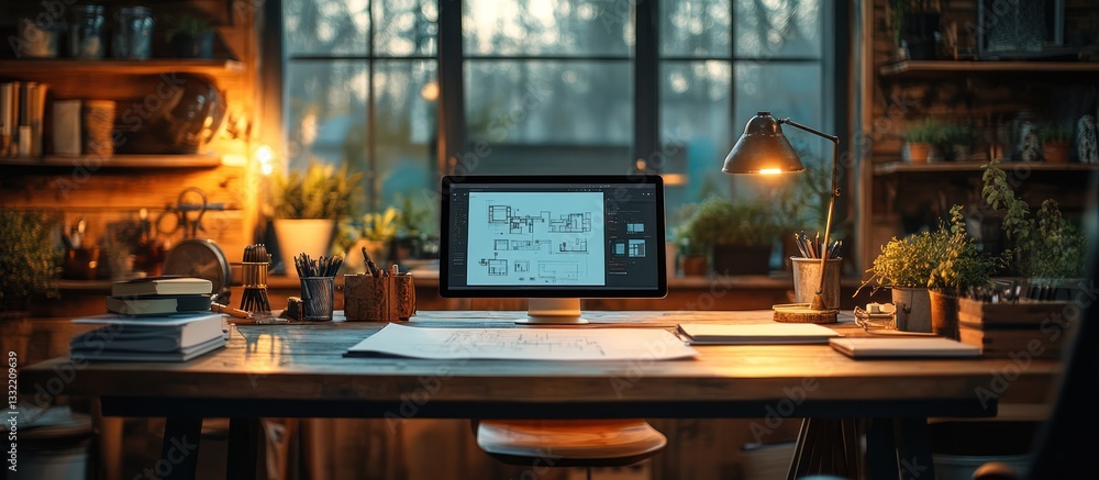 Cozy home office workspace with computer, desk lamp, plants, and design sketches. Cozy home office workspace with computer, desk lamp, plants, and design sketches.