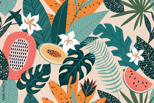 Colorful tropical leaves and fruits in a vibrant botanical design with flowers and texture