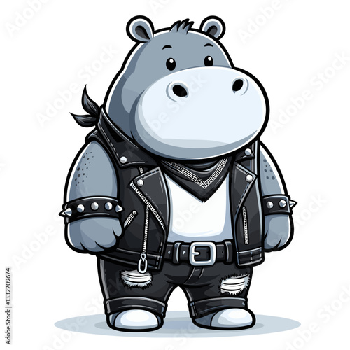 Biker hippo in leather jacket with studded accessories. Vector illustration for motorcycle clubs, rebel culture or alternative fashion concepts.