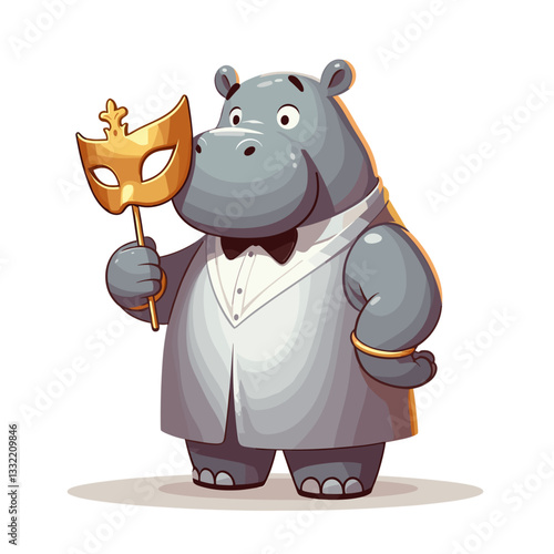 Gray hippo in white tuxedo holding masquerade mask. Vector illustration perfect for formal events, theatrical performances or mystery gala promotional materials.