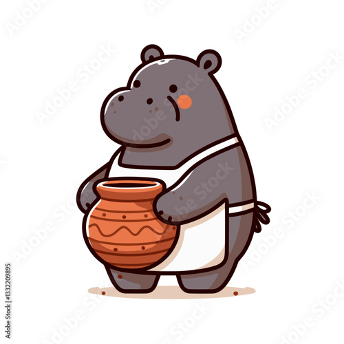 Brown hippo potter with clay vase and apron. Vector illustration ideal for crafts themes, artistic professions or traditional skills representation.