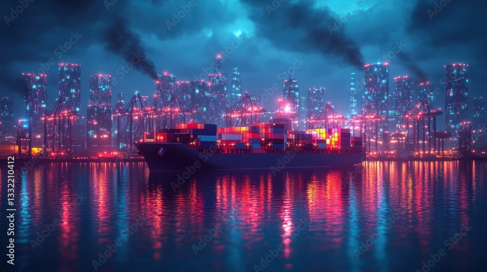 Obraz premium Futuristic cargo ship at night port city with vibrant lighting