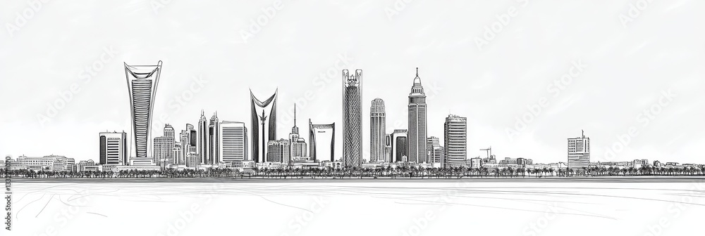 Fototapeta premium Riyadh Skyline Architectural Sketch - Modern city, urban landscape, architectural design, cityscape view, sketch art. Symbolizing progress, ambition, development, modernity, and vision