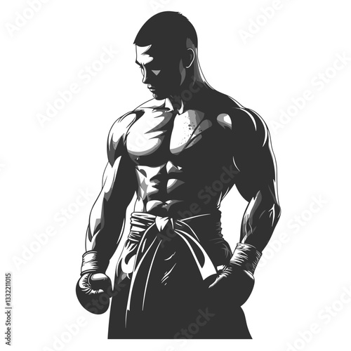 A powerful black-and-white illustration of a muscular fighter, standing confidently with his fists clenched, exuding strength, discipline, and focus, embodying the essence of martial arts photo