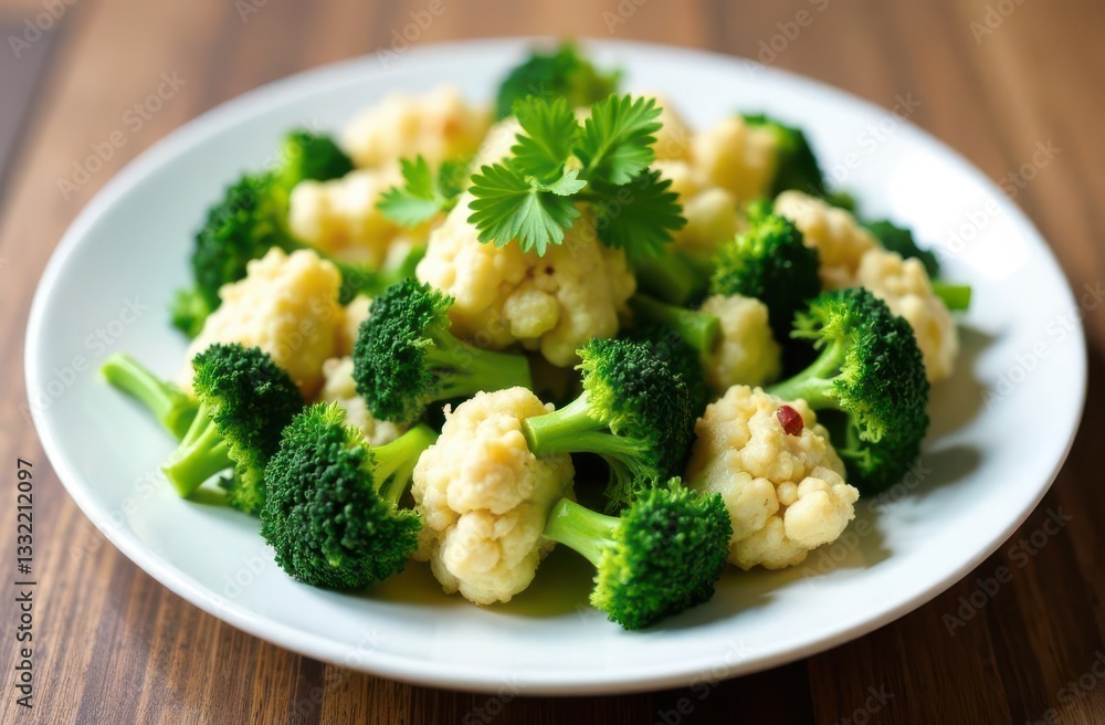 Colorful arrangement of broccoli and cauliflower on a white plate topped with fresh cilantro. This healthy dish showcases vibrant vegetables ideal for any meal. Colorful arrangement of broccoli and cauliflower on a white plate topped with fresh cilantro. This healthy dish showcases vibrant vegetables ideal for any meal.