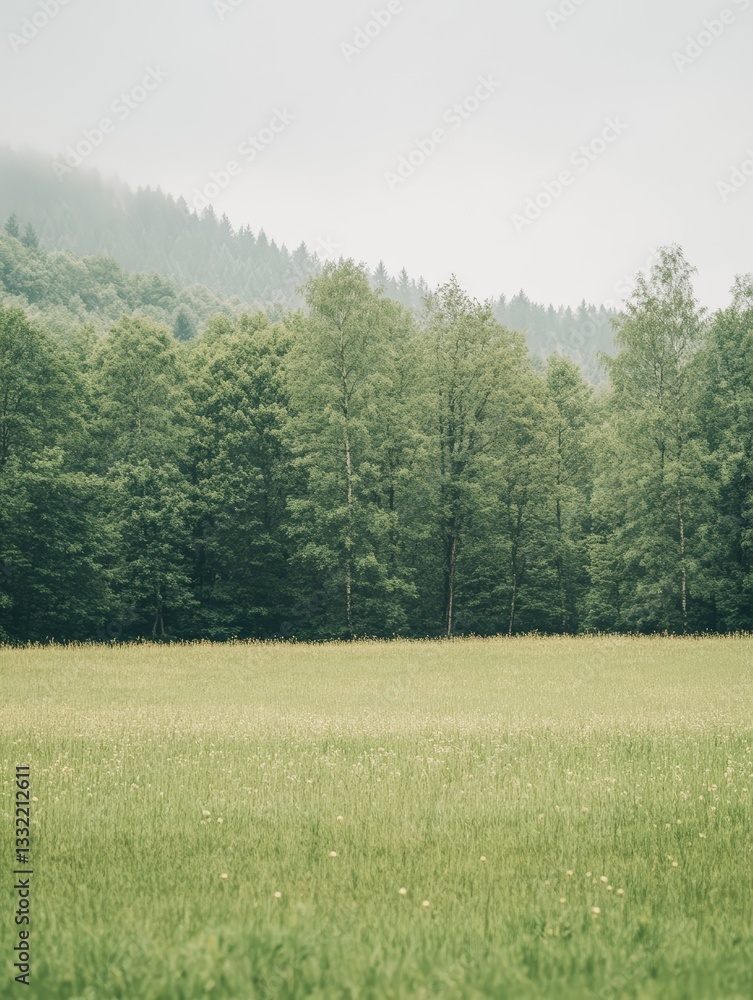Field, Deciduous Trees, and Coniferous Hillside in Mist Field, Deciduous Trees, and Coniferous Hillside in Mist