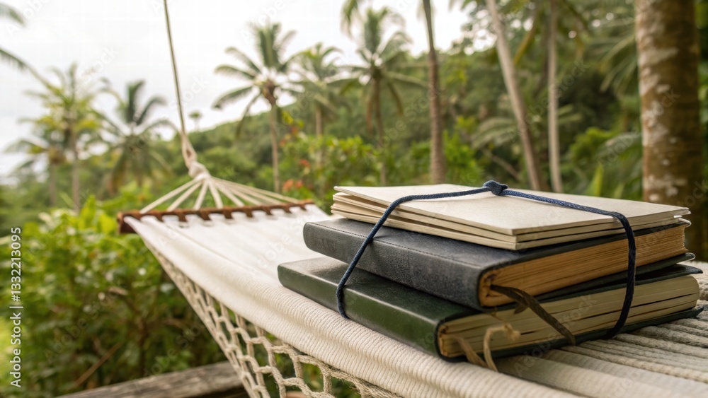 Fototapeta premium A bright photograph of a stack of travel journals showcasing adventure and memory in vibrant colors and textures