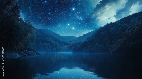 Serene Night Lake Starry Sky Majestic Mountains Tranquil Nature Scene