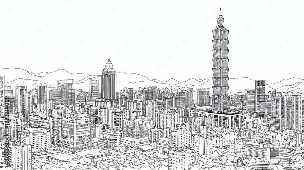 Obraz premium Taipei Cityscape Line Art Panorama - Detailed line art illustration of Taipei's skyline, symbolizing modern architecture, urban growth, technological advancement, cultural heritage, and natural beauty