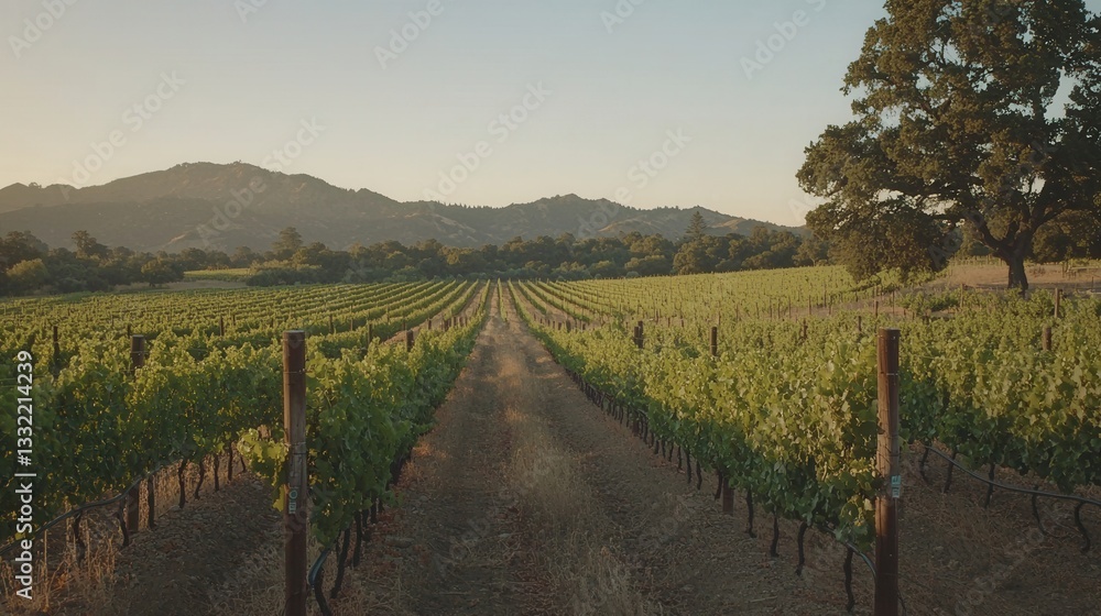 Fototapeta premium Serene Vineyard Rows at Golden Hour Lush Green Vines Rolling Hills