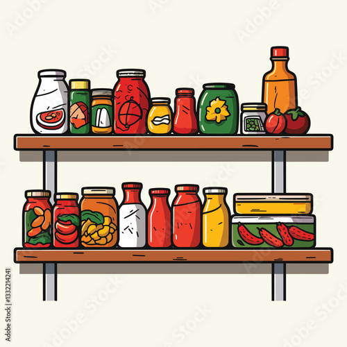 Hand-Drawn Kitchen Pantry Shelf with Food and Groceries - Vector Illustration