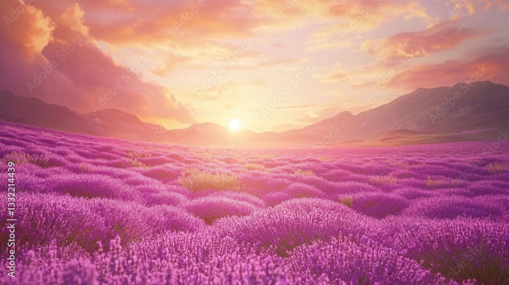 Serene Sunset over Blooming Lavender Field in Mountains Serene Sunset over Blooming Lavender Field in Mountains