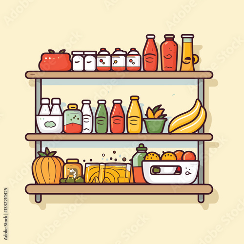 Hand-Drawn Kitchen Pantry Shelf with Food and Groceries - Vector Illustration