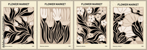 Set of abstract Flower Market posters. Trendy botanical wall art with floral design in beige and black colors. Modern interior decoration, painting in Scandinavian, Japandi style. Vector illustration.