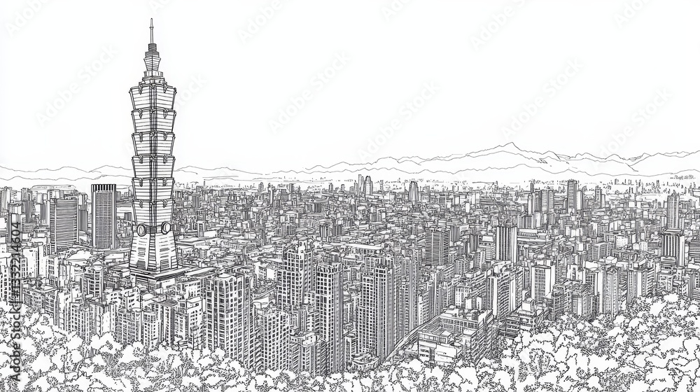 Naklejka premium Taipei Skyline Panorama Line Art - Detailed line drawing of Taipei's cityscape, featuring iconic skyscrapers, dense urban fabric, and surrounding hills. Symbolizing modern architecture, urban density