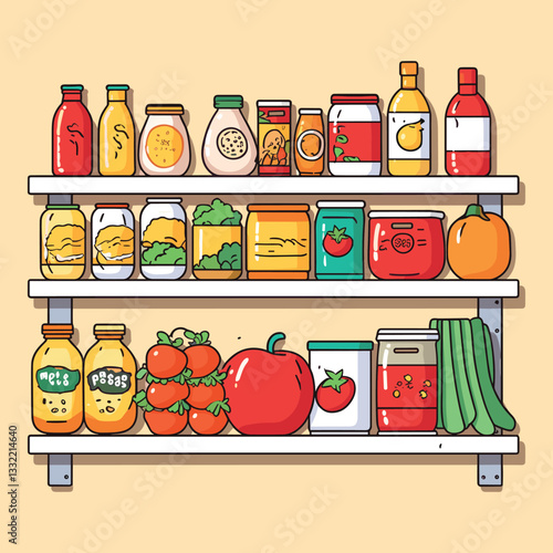 Hand-Drawn Kitchen Pantry Shelf with Food and Groceries - Vector Illustration