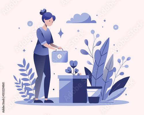 Cash Donation Concept – Woman Putting Coin in Donation Box Vector