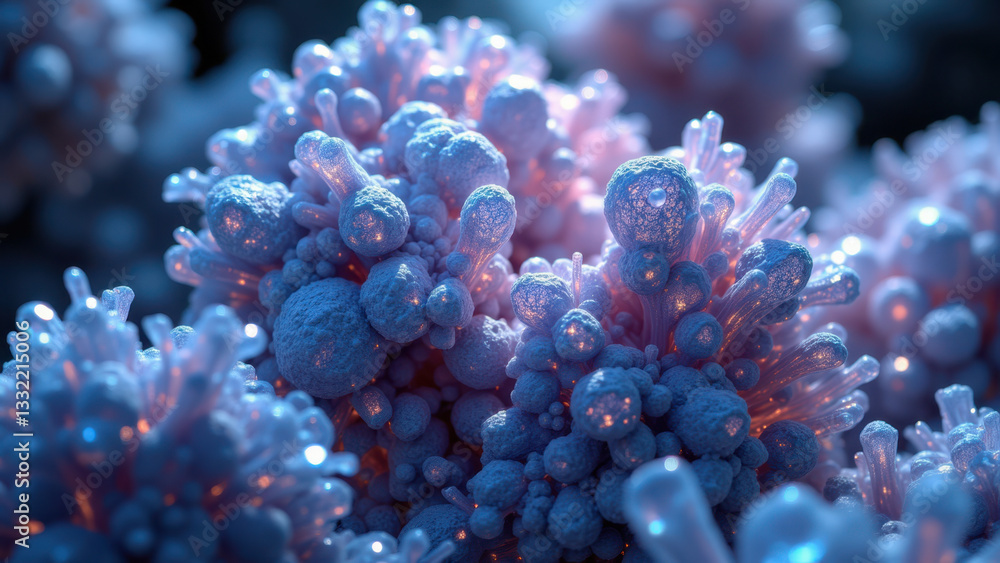 Fototapeta premium Close-up photograph of a crystalline molecular structure with pink and blue hues, reminiscent of coral or bacterial colonies.