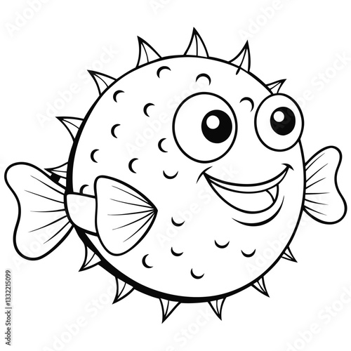 a cute puffer fish smiling, black and white illustration.