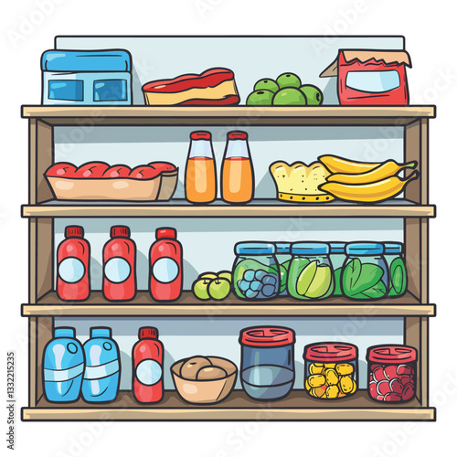 Hand-Drawn Kitchen Pantry Shelf with Food and Groceries - Vector Illustration