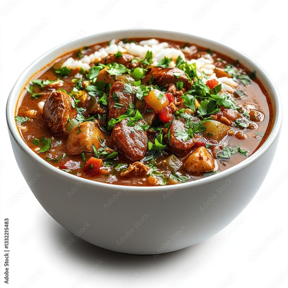 Hearty stew in white bowl, appetizing meal, isolated on white background Hearty stew in white bowl, appetizing meal, isolated on white background