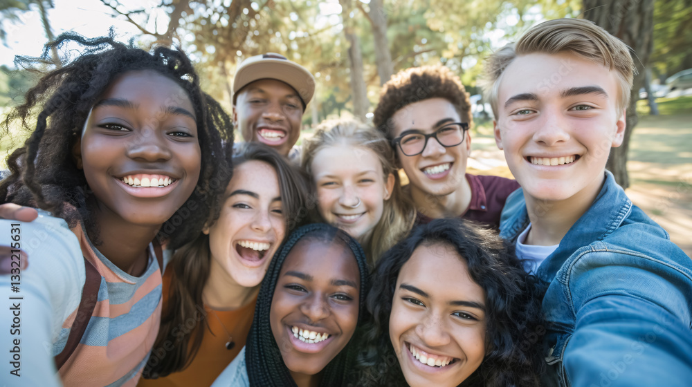 Fototapeta premium Multiracial friends taking a big group selfie shot and smiling at the camera. Laughing young people standing outdoors and having fun - Cheerful students' portrait outside school