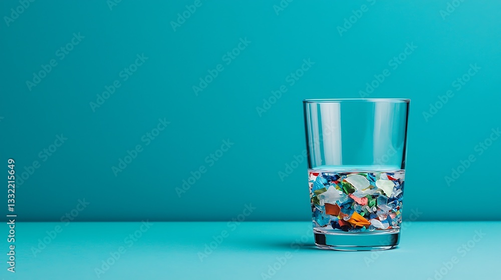A glass filled with colorful objects sits on a bright turquoise surface, creating a vibrant visual contrast. A glass filled with colorful objects sits on a bright turquoise surface, creating a vibrant visual contrast.