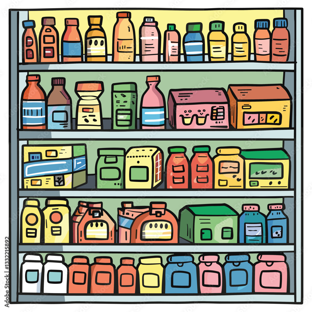 Stocked Pantry with Groceries and Food Items - Colorful Vector Illustration Stocked Pantry with Groceries and Food Items - Colorful Vector Illustration