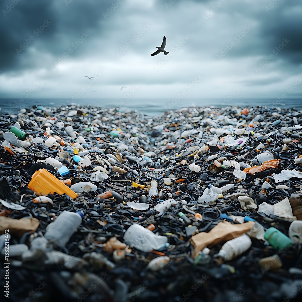 A polluted ocean scene filled with plastic waste and debris under a cloudy sky, highlighting environmental issues affecting marine life. A polluted ocean scene filled with plastic waste and debris under a cloudy sky, highlighting environmental issues affecting marine life.