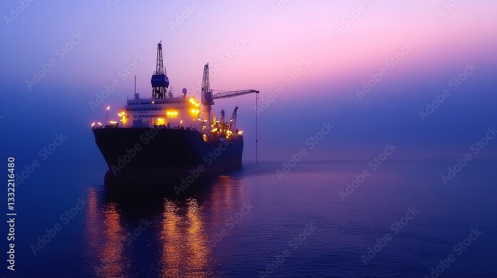 Cargo ship illuminated at dusk, floating on calm waters with a colorful sunset backdrop Cargo ship illuminated at dusk, floating on calm waters with a colorful sunset backdrop