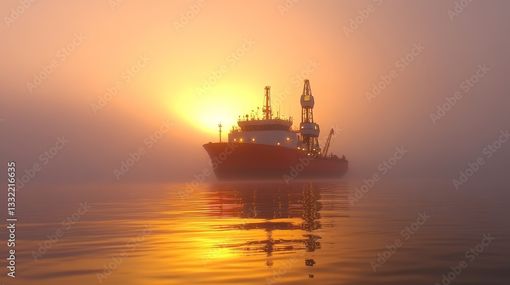 A ship silhouetted against a vibrant sunset, surrounded by a misty atmosphere on calm waters A ship silhouetted against a vibrant sunset, surrounded by a misty atmosphere on calm waters