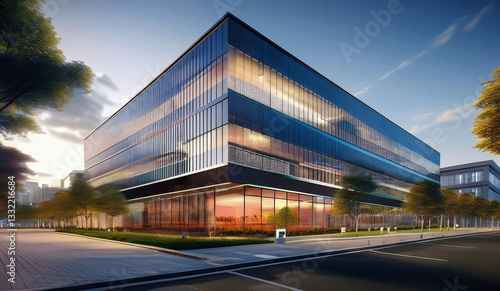 A modern industrial warehouse with a sleek metal exterior, featuring large glass windows and doors for natural lighting. The building has a corrugated metal facade and a clean concrete pavement surrou