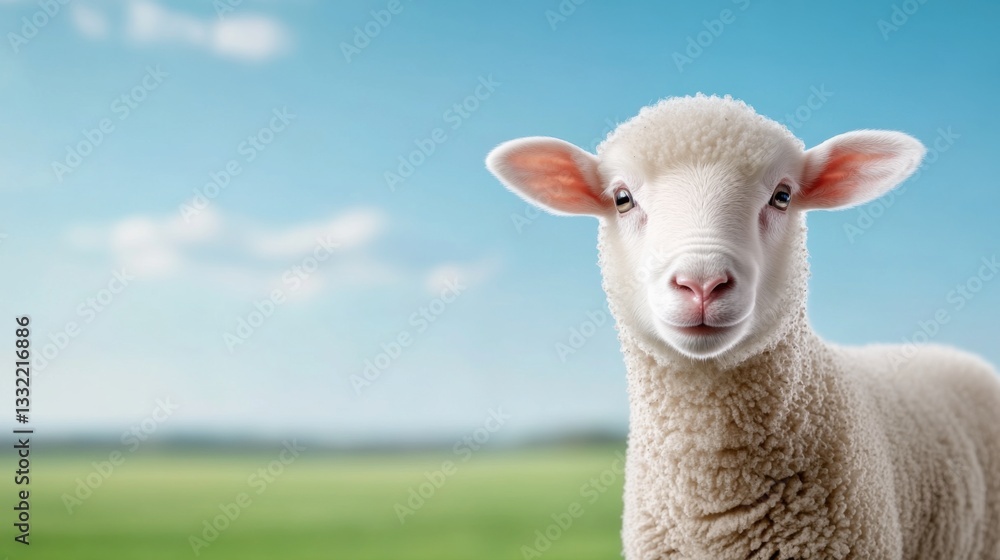 Cute and Adorable Young Lamb Standing in Green Grass with Clear Blue Sky in Background Cute and Adorable Young Lamb Standing in Green Grass with Clear Blue Sky in Background