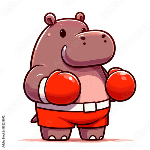 Brown hippo boxer in red gloves and shorts. Vector illustration ideal for combat sports, athletic competition, fighting championship and physical strength concepts.