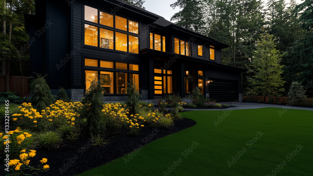 Modern house exterior with large windows, surrounded by lush greenery and yellow flowers, creating serene atmosphere Modern house exterior with large windows, surrounded by lush greenery and yellow flowers, creating serene atmosphere