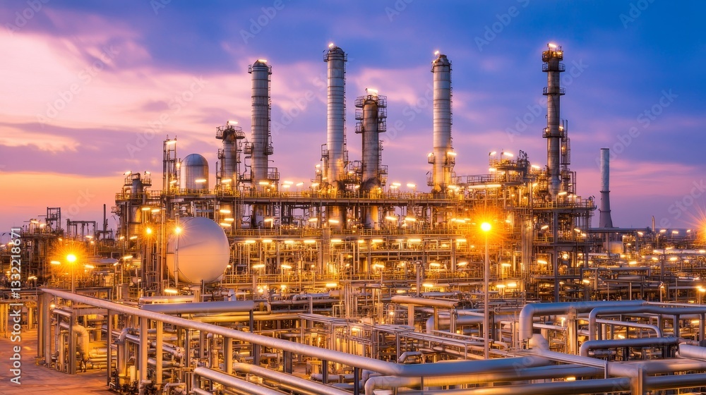 Industrial complex with illuminated towers under a twilight sky, showcasing energy production