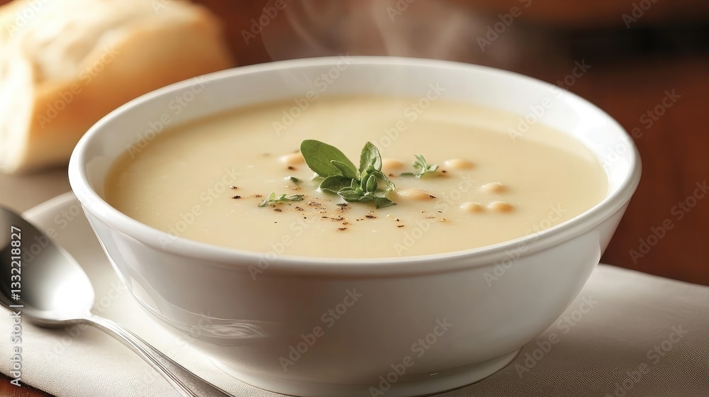 A steaming bowl of white bean soup in an elegant white dish with a spoon beside it. A steaming bowl of white bean soup in an elegant white dish with a spoon beside it.