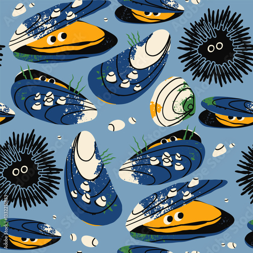 Sea Mussels, clam, shellfish, urchin. Cartoon style cute characters with eyes. Hand drawn trendy Vector illustration. Sea or ocean creature, natural fresh seafood concept. Square seamless Pattern