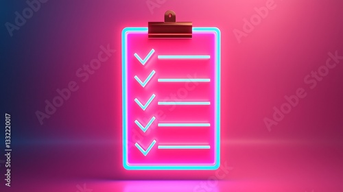 Neon checklist with glowing checkmarks on a vibrant background.