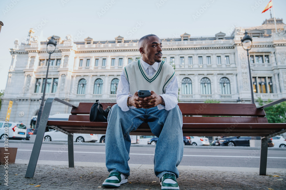 fashionable Black male sits on bench in urban setting, holding smartphone and glancing to the side. His relaxed yet stylish outfit, highlights modern street fashion and digital connectivity.