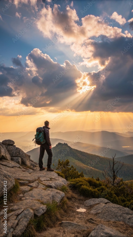 Fototapeta premium Hiker on rocky summit at sunset with rays breaking through clouds.