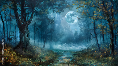 Fototapeta Naklejka Na Ścianę i Meble -  Mysterious forest with a moonlit path, fog, and a Halloween backdrop.