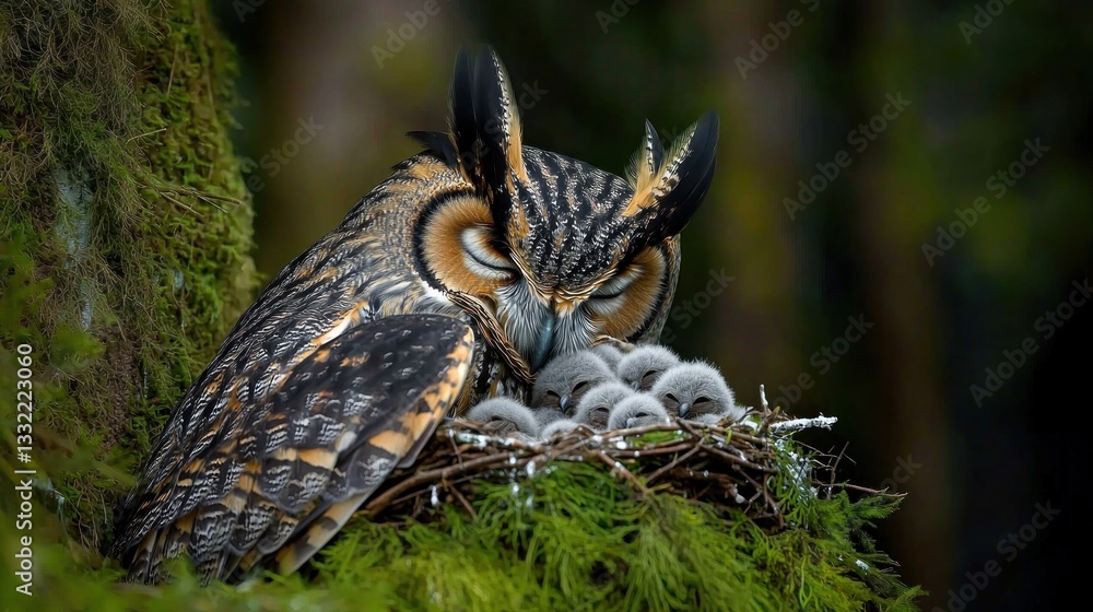 Fototapeta premium Owl Nurturing Young in Forest Nest