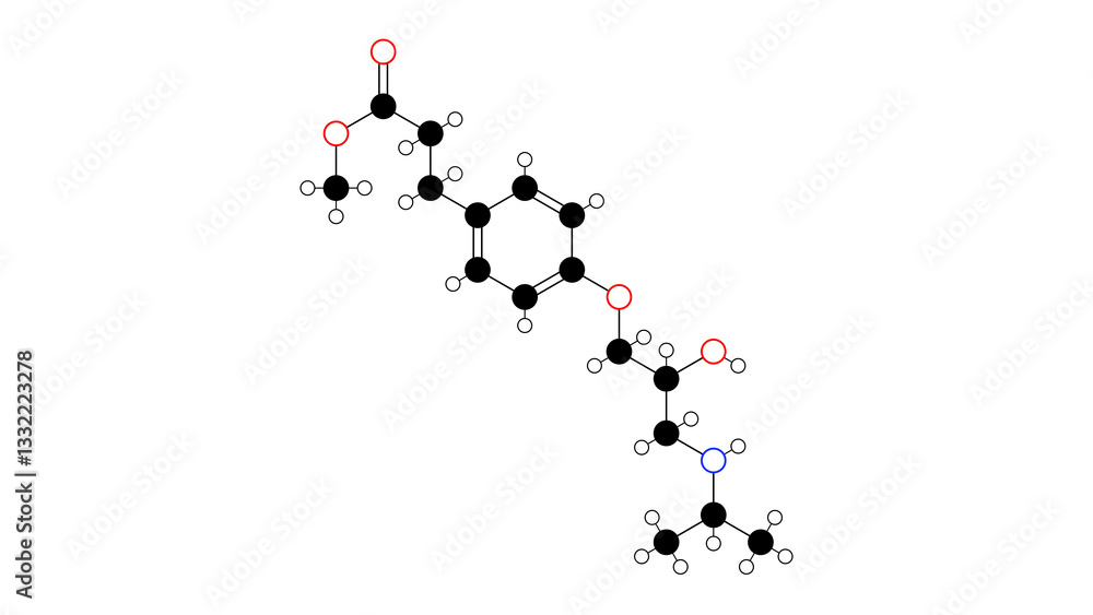 esmolol molecule, structural chemical formula, ball-and-stick model, isolated image beta blockers esmolol molecule, structural chemical formula, ball-and-stick model, isolated image beta blockers