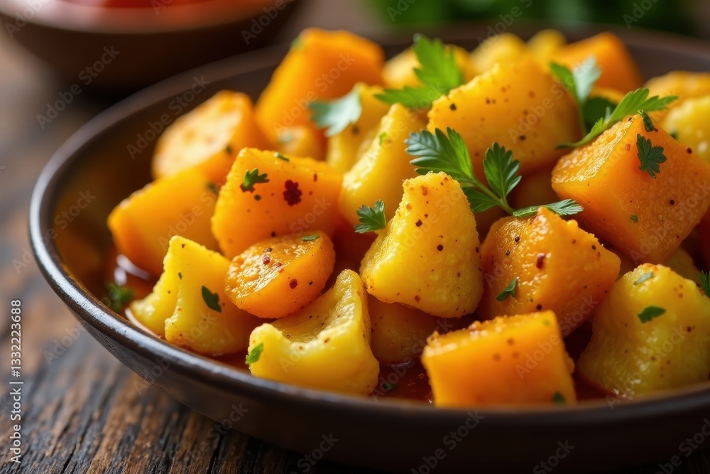 Aloo Gobi dish, close up view of spiced potatoes and cauliflower, vegetarian, closeup, home Aloo Gobi dish, close up view of spiced potatoes and cauliflower, vegetarian, closeup, home