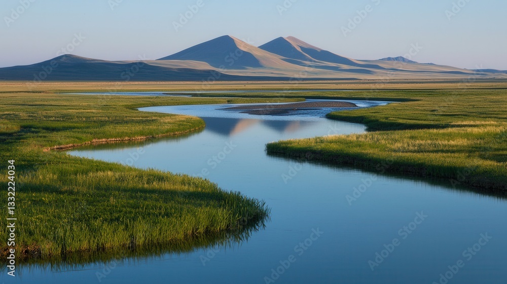 Obraz premium Serene River Winding Through Grassy Plains Under Mountains