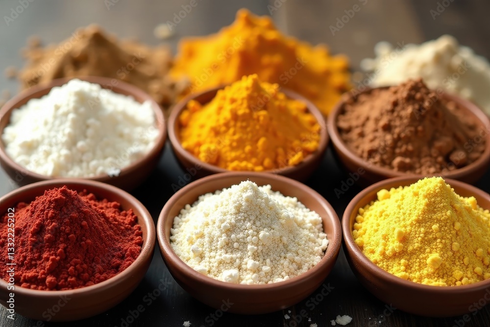 Assortment of flours in individual bowls; diverse shades and consistencies displayed, dessert, beige Assortment of flours in individual bowls; diverse shades and consistencies displayed, dessert, beige