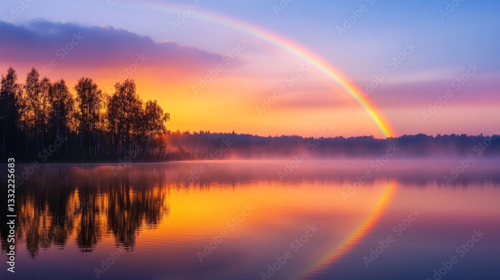 Vibrant sunset over a tranquil lake with a rainbow arching across the sky and mist rising Vibrant sunset over a tranquil lake with a rainbow arching across the sky and mist rising