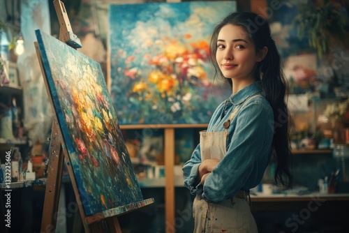 Artist working in a studio, painting an abstract masterpiece, expressing creativity through colors.