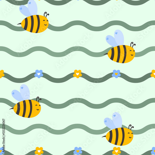 Playful and heartwarming seamless vector illustration with bees, flowers, and soft line elements, bringing a gentle and nature-inspired look to children's fabric, wallpapers, and festive packaging